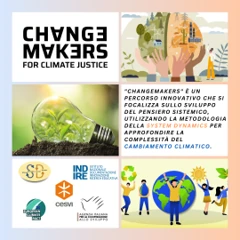 Locandina dell'hackathon online Changemakers for Climate Justice del 7 novembre 2024, promosso da CESVI con INDIRE, SYDIC ed EuCliPa.IT.